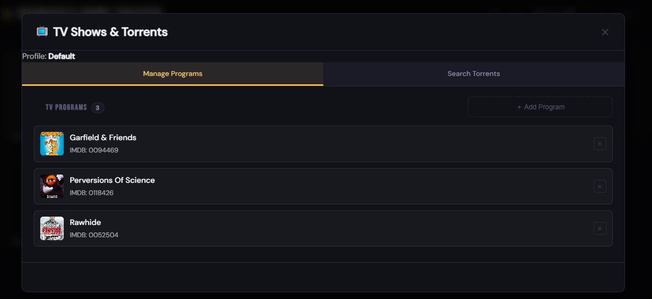 Torrent manager panel with provider and results table.
