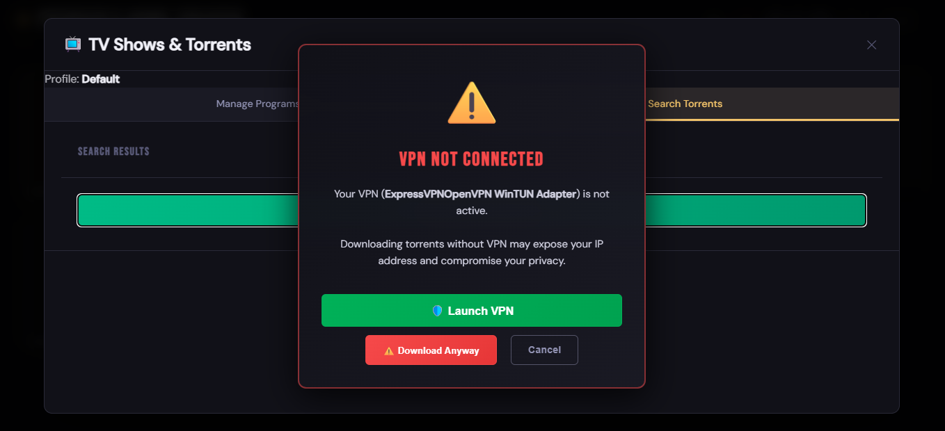 VPN connected and disconnected states with warning modal.