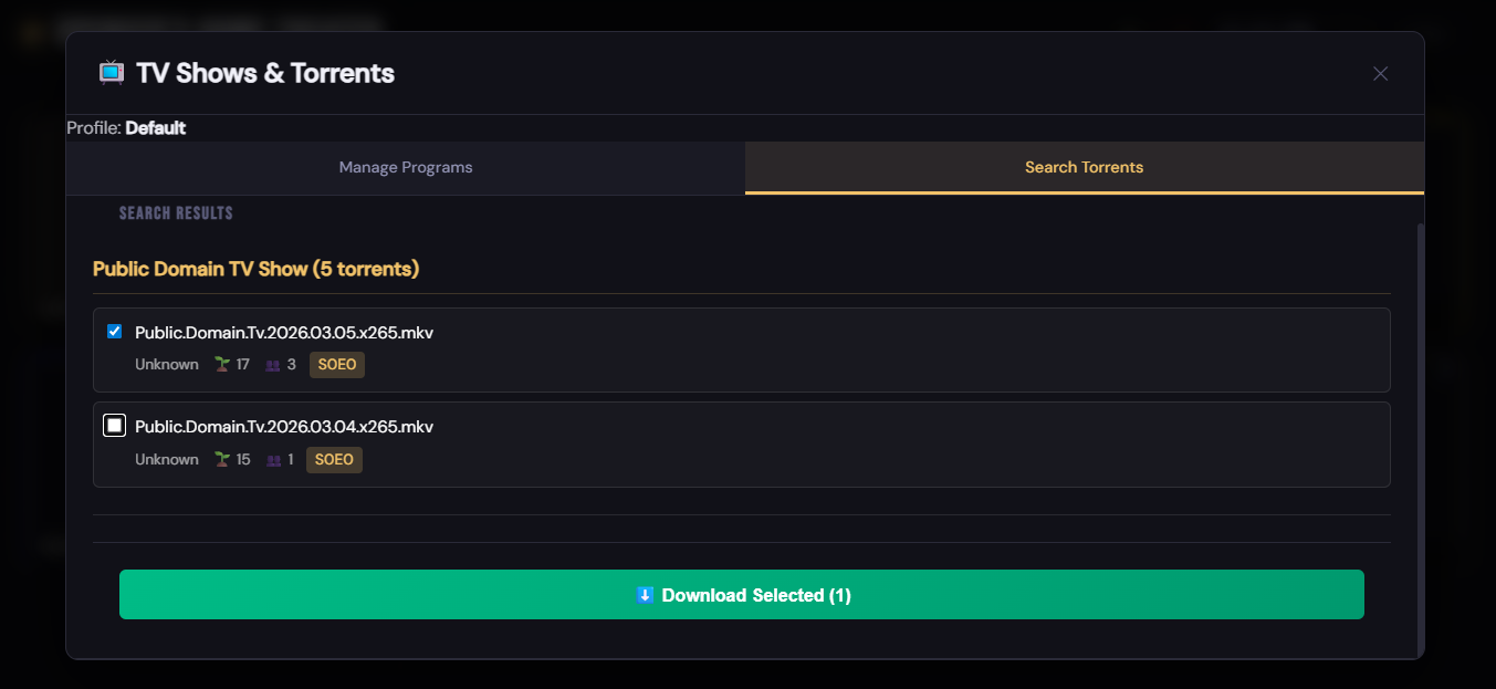 Torrent search panel with quality badges and results.