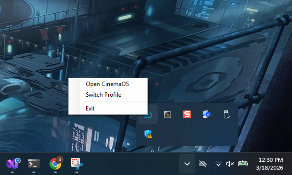 Windows tray icon context menu for CinemaOS.