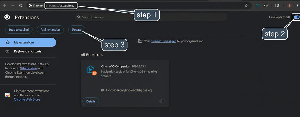 Screenshot of the Chrome Extensions page (chrome://extensions) showing the Update button at the top of the page and the CinemaOS extension card visible with its enabled toggle switched on