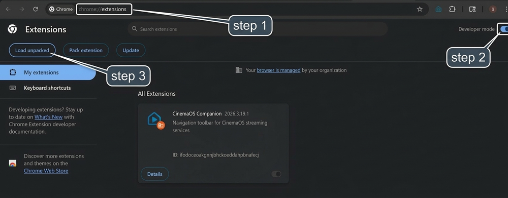 Screenshot of the Chrome Extensions page (chrome://extensions) with Developer Mode enabled, the Load unpacked button visible, and the CinemaOS extension card showing after being loaded from the local extension folder