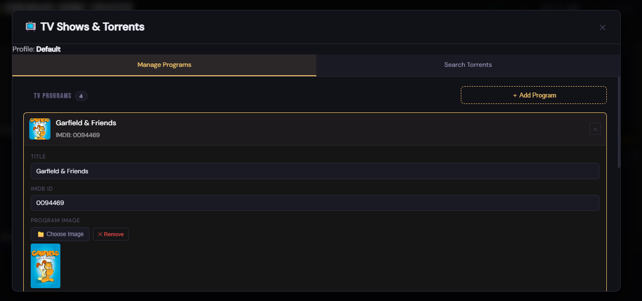 Screenshot of the TV Programs tab showing two program cards — The Bear and Severance — each with a program poster thumbnail, edit and delete icons, a Scan Folder button, and a checkbox for selecting the program to search