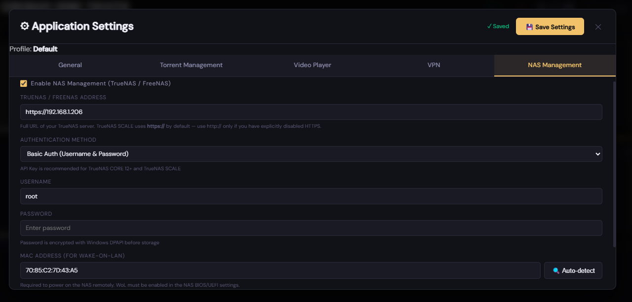 Screenshot of the NAS settings tab showing the Enable NAS toggle switched on, a NAS Base URL field containing http://192.168.1.100, an Authentication Type toggle set to API Key, an API Key text field, a MAC Address field with an Auto-detect MAC button beside it
