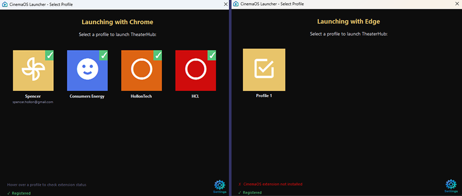 Screenshot of the CinemaOS Profile Selector window showing two browser profile cards side by side — one labeled 'Personal' with a warning badge indicating the extension is not installed, and one labeled 'CinemaOS' with a green checkmark badge indicating the extension is ready
