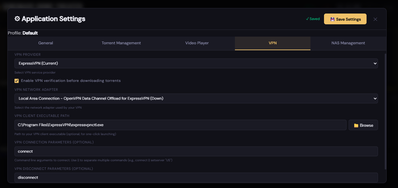 Screenshot of the VPN settings tab showing the Enable VPN Check toggle switched on, a VPN Provider dropdown set to Mullvad, a VPN Adapter Name field with a Detect Adapters button, a VPN Client Path field with Browse button, and Connection Parameters and Disconnect Parameters text fields